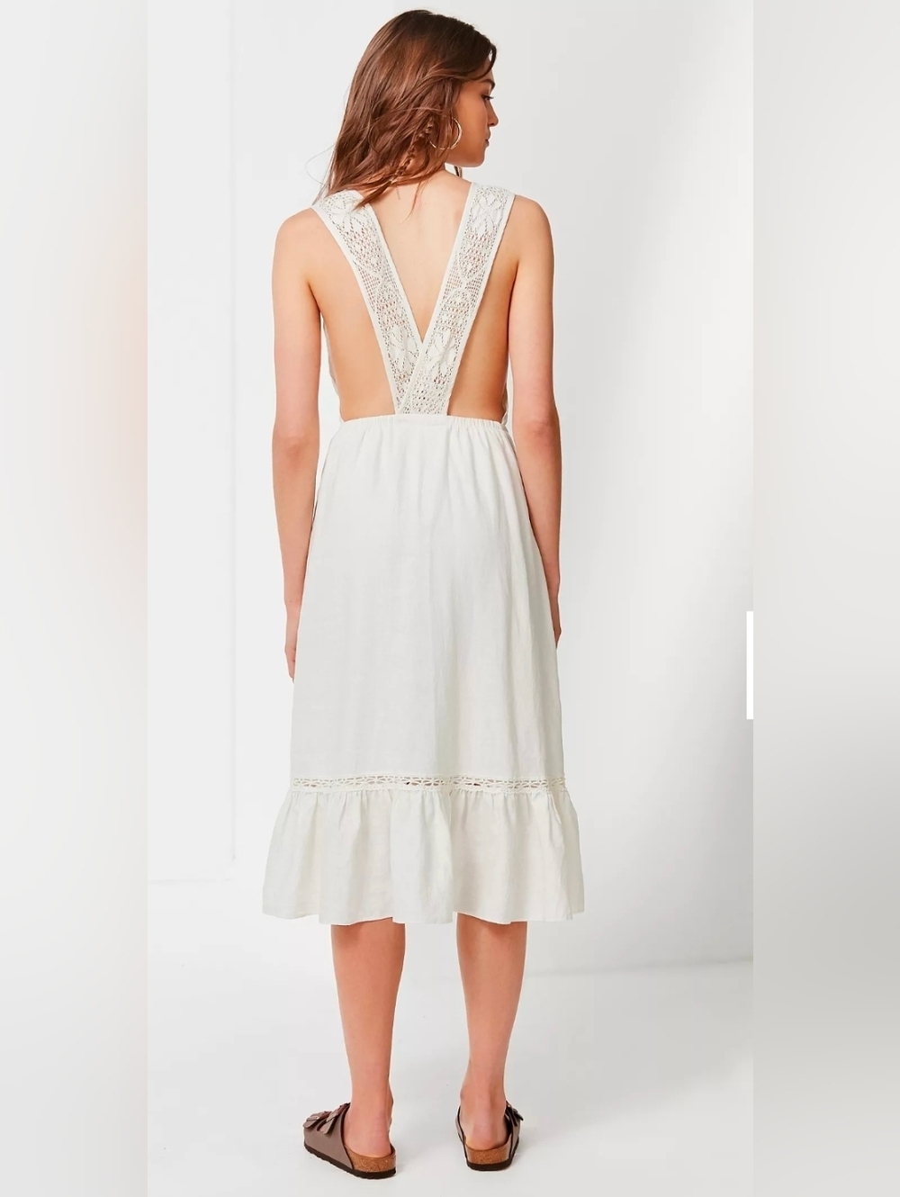 Urban Outfitters Antoinette Lace Trim Midi Dress Linen Blend Ivory M - Picture 3 of 9